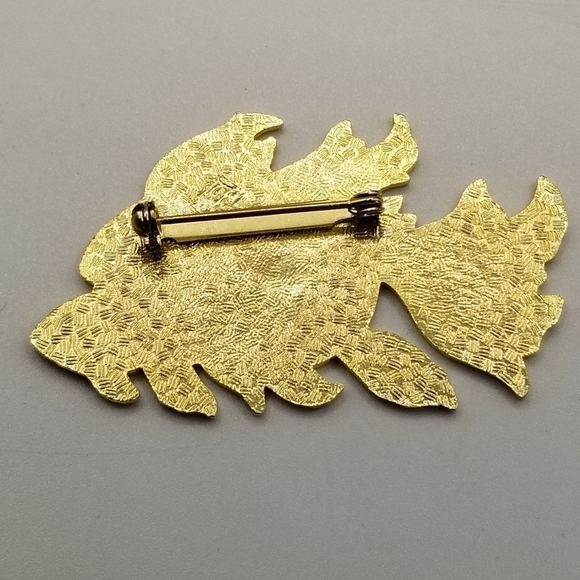 Fish Crown Enamel Gold Tone Bar Pin Brooch Vintage Angel Koi Fish Swimming Blue - Picture 9 of 12